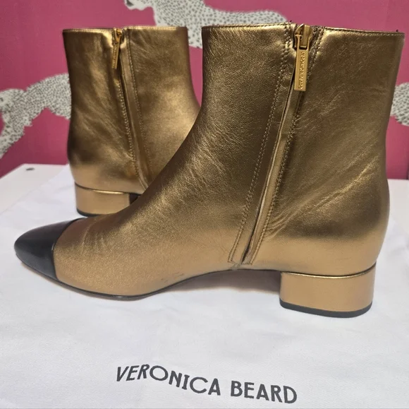NWT Veronica Beard Cecile Cap Toe Gold Metallic Leather Ankle Boots Size 9M - Picture 6 of 9